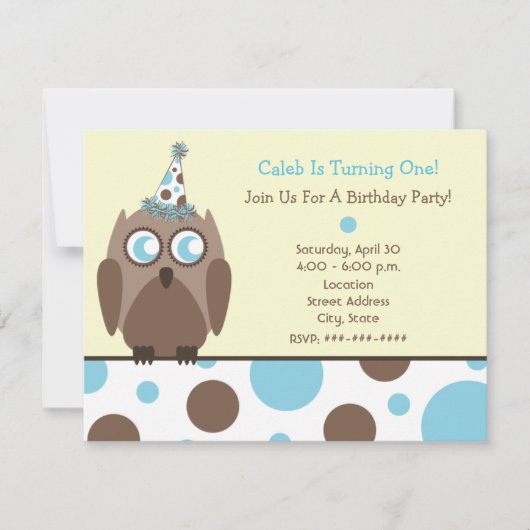 Owl Birthday Party Invite Blue & Brown Polka Dots Kaart (Voorkant)