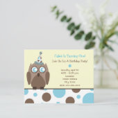 Owl Birthday Party Invite Blue & Brown Polka Dots Kaart (Staand voorkant)