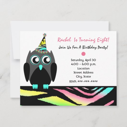 Owl Birthday Party nodigt Neon Zebra Print uit Kaart (Voorkant)