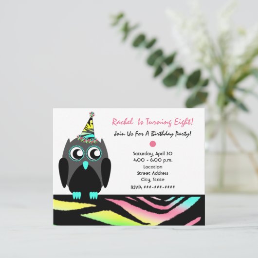 Owl Birthday Party nodigt Neon Zebra Print uit Kaart (Staand voorkant)