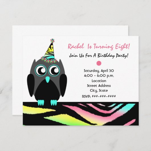 Owl Birthday Party nodigt Neon Zebra Print uit Kaart (Voorkant / Achterkant)