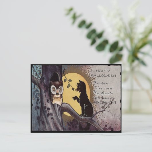 Owl Black Cat Full Moon Tree Naight Briefkaart (Staand voorkant)
