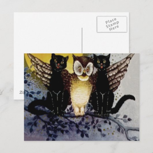 Owl Black Cat Full Moon Tree Naight Briefkaart (Voorkant / Achterkant)