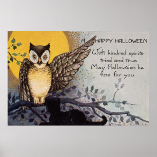 Owl Black Cat Full Moon Tree Naight Poster