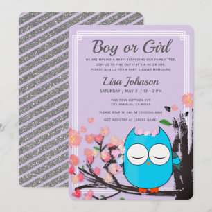 Owl Blossom Paars Glitter Stripes Baby shower Kaart
