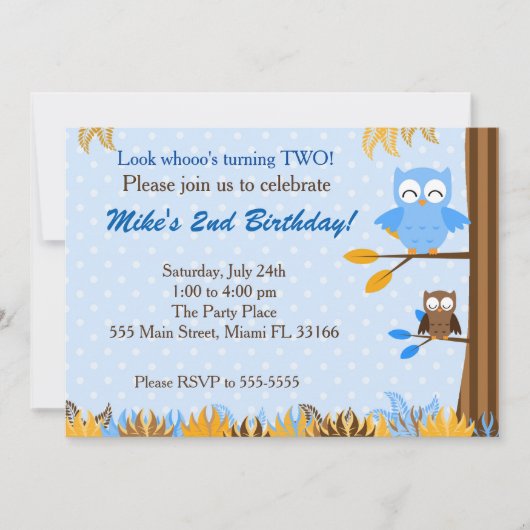 Owl Blue Brown Boy Birthday Party Invitation Kaart (Voorkant)