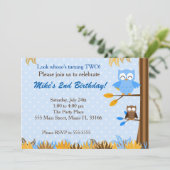 Owl Blue Brown Boy Birthday Party Invitation Kaart (Staand voorkant)