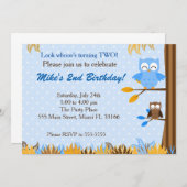 Owl Blue Brown Boy Birthday Party Invitation Kaart (Voorkant / Achterkant)