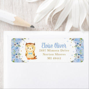 Owl Blue Floral Baby shower Boy Birthday Adres Etiket