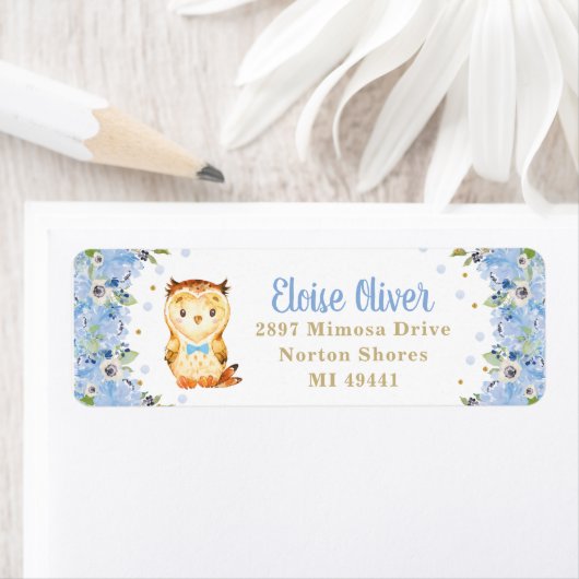 Owl Blue Floral Baby shower Boy Birthday Adres Etiket (Insitu)