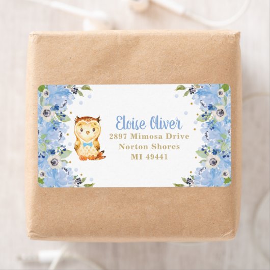 Owl Blue Floral Baby shower Boy Birthday Adres Etiket (Insitu)