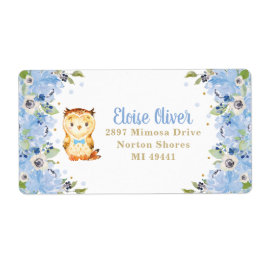 Owl Blue Floral Baby shower Boy Birthday Adres Etiket