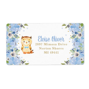 Owl Blue Floral Baby shower Boy Birthday Adres Etiket