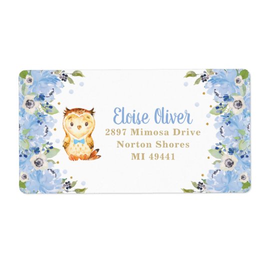 Owl Blue Floral Baby shower Boy Birthday Adres Etiket (Voorkant)