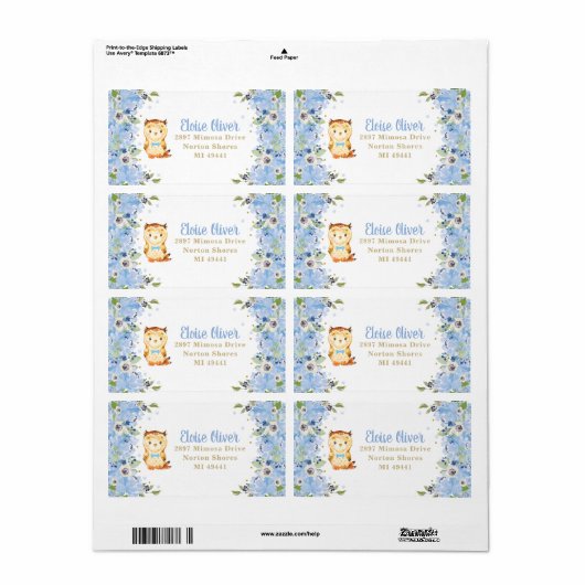 Owl Blue Floral Baby shower Boy Birthday Adres Etiket (Full Sheet)