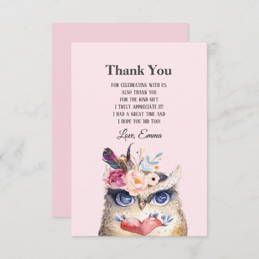 OWL, bohaan, boho floral Bedankkaart (Voorkant / Achterkant)