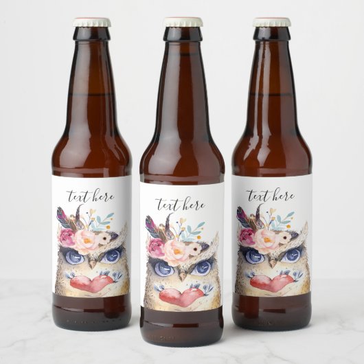 OWL, bohaan, boho floral Bier Etiket (Flessen)