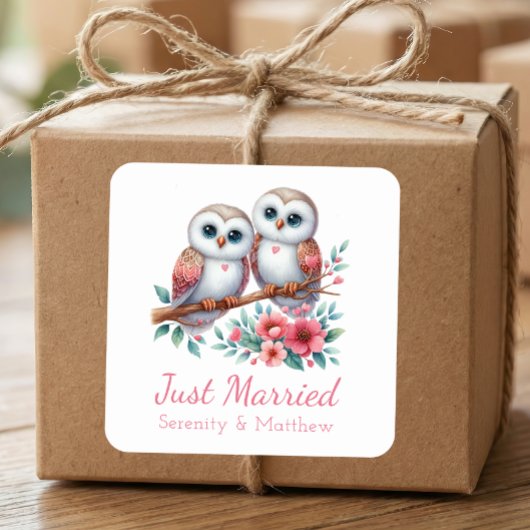 Owl Boho Rustic Country Woodland Just Married Vierkante Sticker