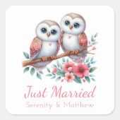 Owl Boho Rustic Country Woodland Just Married Vierkante Sticker (Voorkant)