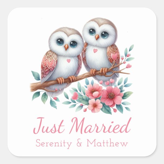 Owl Boho Rustic Country Woodland Just Married Vierkante Sticker (Voorkant)