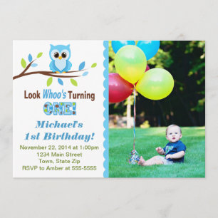 Owl Boy 1st Birthday Uitnodiging 5x7 Fotokaart