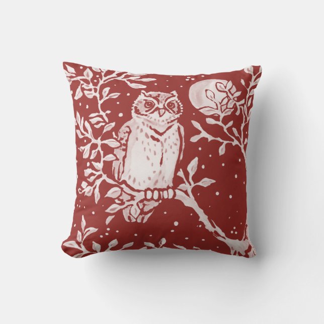 Owl Brick Red Woodland Moon Natuur Sierkussen (Voorkant)