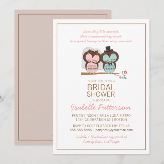 Owl Bride en Groom Sweet Bridal Shower Uitnodiging (Voorkant / Achterkant)