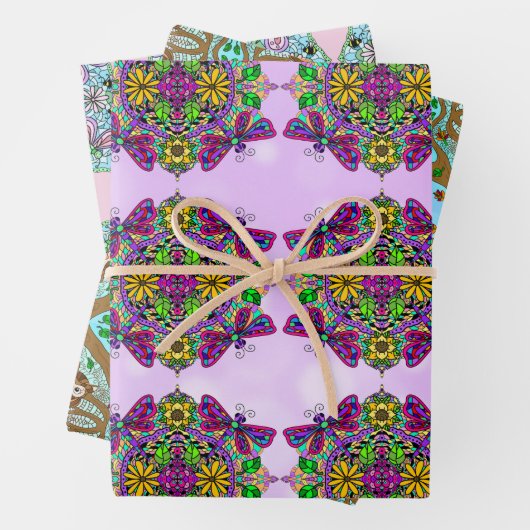 Owl, Butterfly en Dragonflies, Birthday Inpakpapier Vel (In situ)