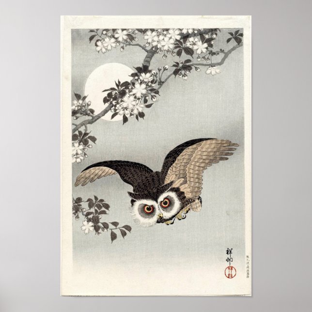 Owl, Cherry Blossom en Moon van Ohara Koson Poster (Voorkant)