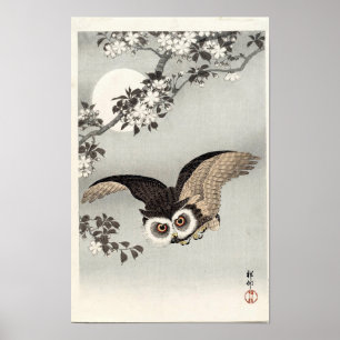 Owl, Cherry Blossom en Moon van Ohara Koson Poster