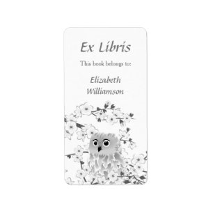 Owl Cherry Blossom Ex Libris Voeg naamboekplaat to Etiket