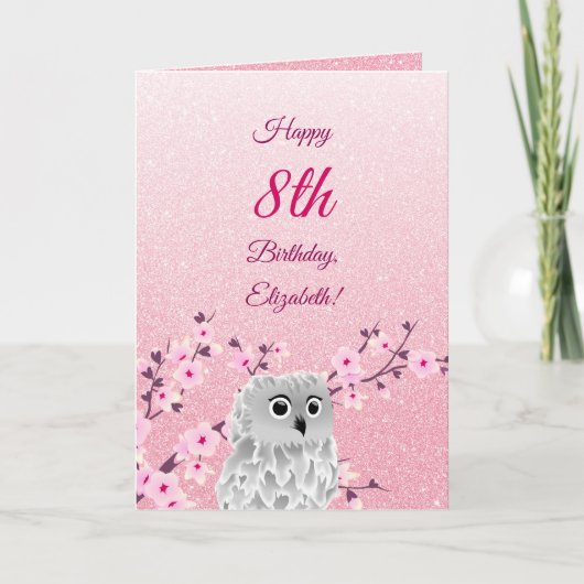 Owl Cherry Blossom Happy Birthday Pink Glitter Kaart (Voorkant)