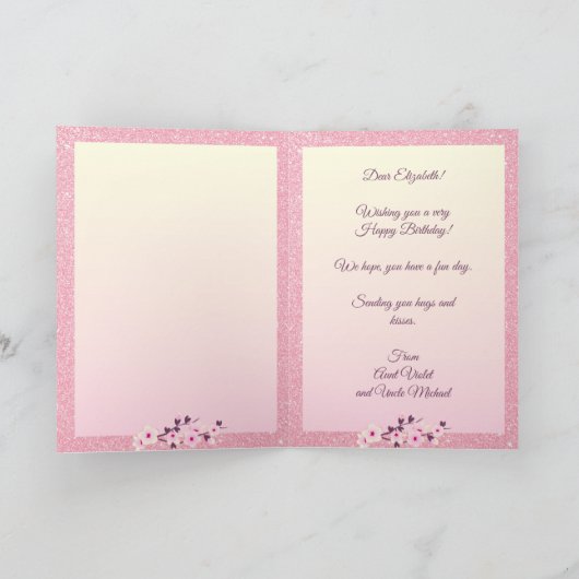 Owl Cherry Blossom Happy Birthday Pink Glitter Kaart (Binnen)