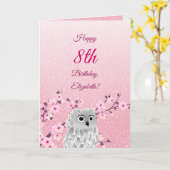 Owl Cherry Blossom Happy Birthday Pink Glitter Kaart (Gele Bloem)