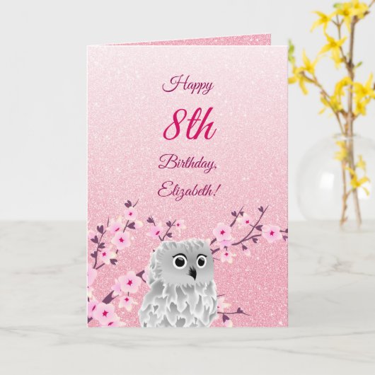 Owl Cherry Blossom Happy Birthday Pink Glitter Kaart (Gele Bloem)