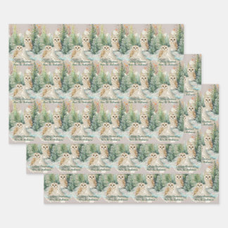 Owl Chrismas Wrapping Paper Flat Sheet Set of 3