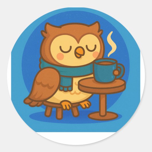 Owl Coffee Break (Blue Background) Sticker (Voorkant)