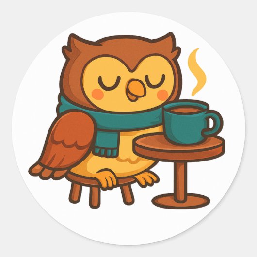 Owl Coffee Break (White Background Glossy) Sticker (Voorkant)