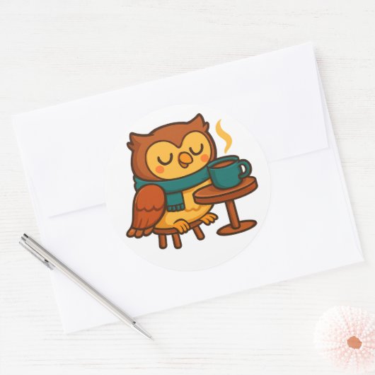 Owl Coffee Break (White Background Glossy) Sticker (Envelop)