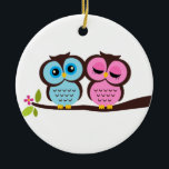Owl Couple Keramisch Ornament<br><div class="desc">Schattig paar uilen op een tak.</div>