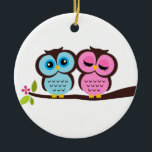 Owl Couple Keramisch Ornament<br><div class="desc">Schattig paar uilen op een tak.</div>