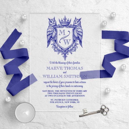 Owl Crest Royal Monogram Wedding Invitation Acryl Uitnodigingen