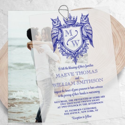 Owl Crest Royal Monogram Wedding Vellum Overlay Uitnodigingen