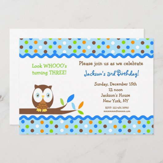 Owl Custom Birthday Party Invitations Boy Kaart (Voorkant / Achterkant)