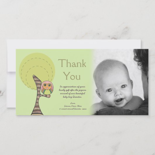 Owl Dank u voor de nieuwe baby-opkomst Fotokaart Bedankkaart (Voorkant)