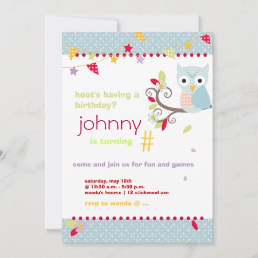 Owl, de uitnodiging van het verjaardagsfeest (Voorkant)
