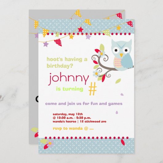 Owl, de uitnodiging van het verjaardagsfeest (Voorkant / Achterkant)