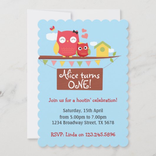 Owl eerste verjaardagsuitnodiging kaart (Voorkant)