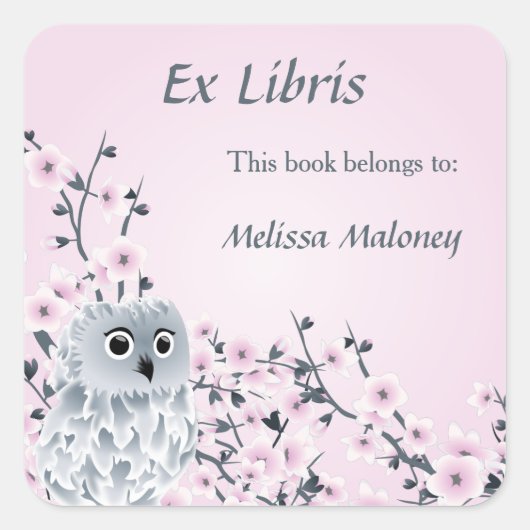 Owl en Cherry Blossom Ex Libris Vierkante Sticker (Voorkant)
