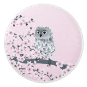 Owl en Cherry Blossom Pink Grey Keramische Knop (Voorkant)
